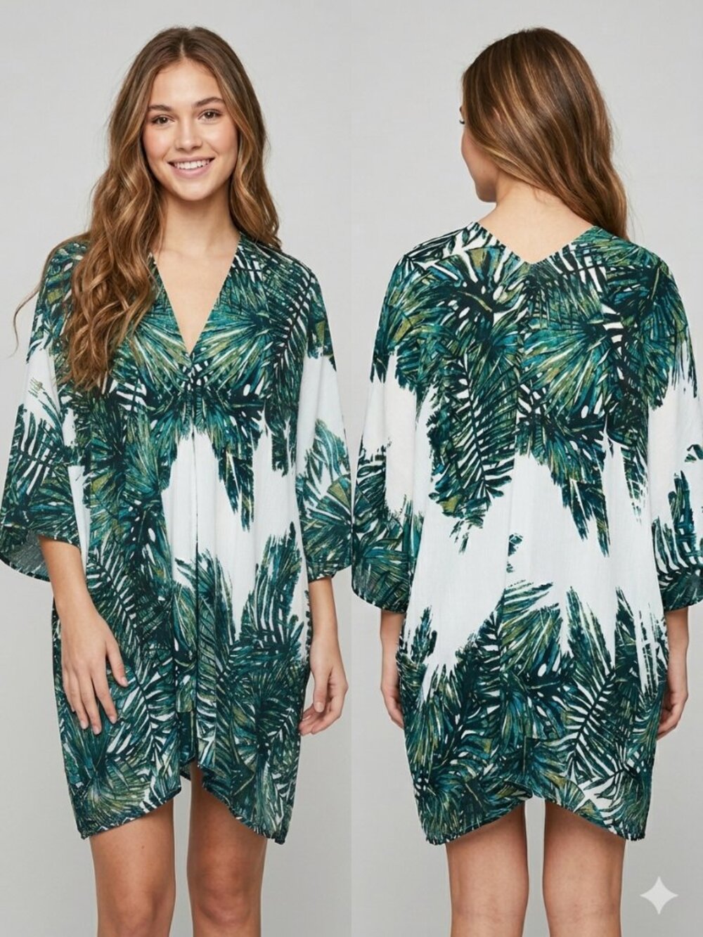 New Directions Palm Leaf Kimono One Size Tropical Floral Open Front Wrap Viscose